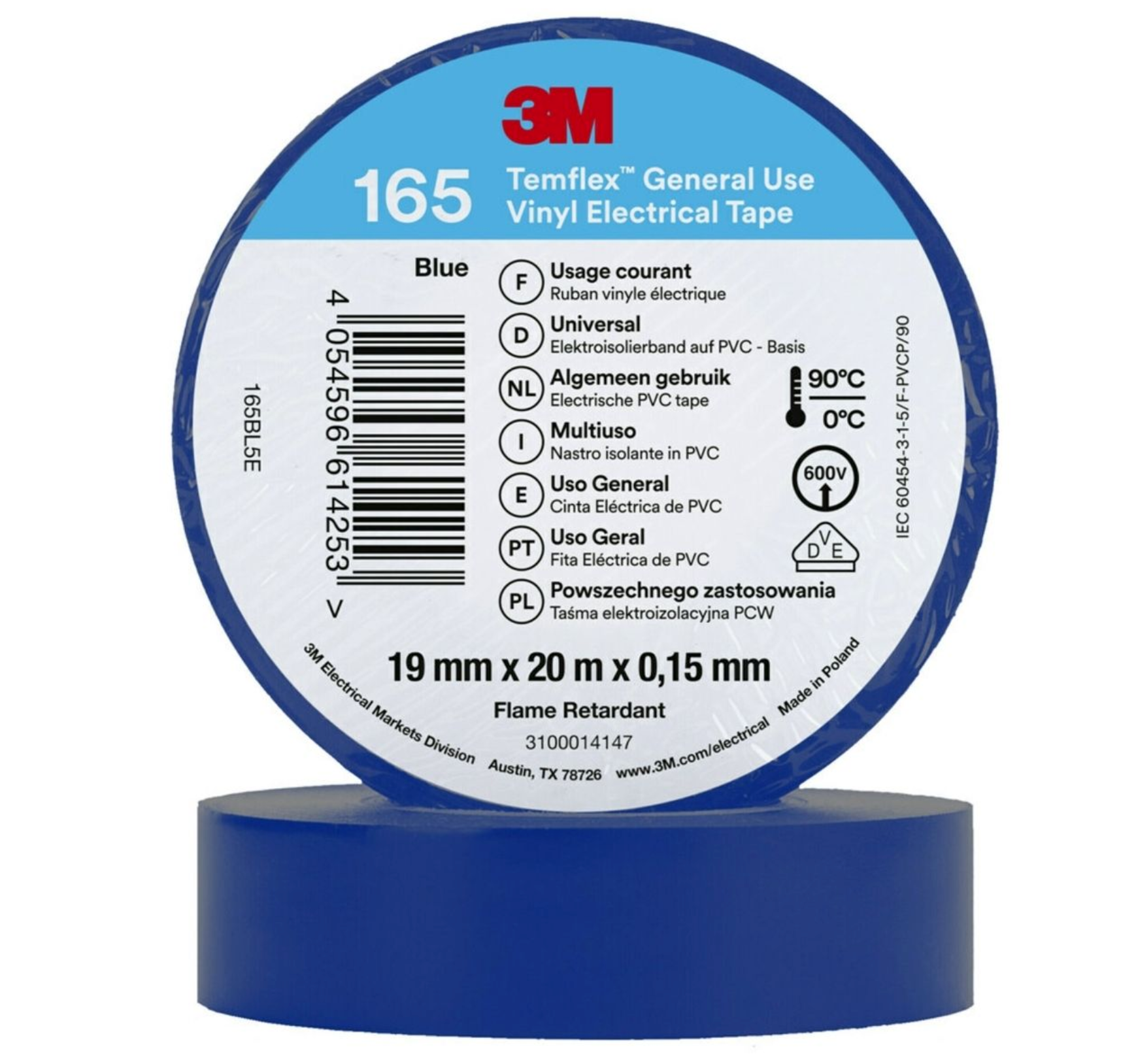 Fita isolante temfle x 165 3 m 19 mm x 20 m Azul (10 unidades)