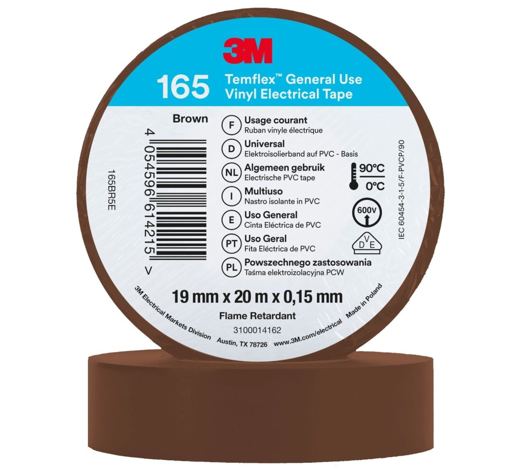 Fita isolante temfle x 165 3 m 19 mm x 20 m (10 unidades) CASTANHA
