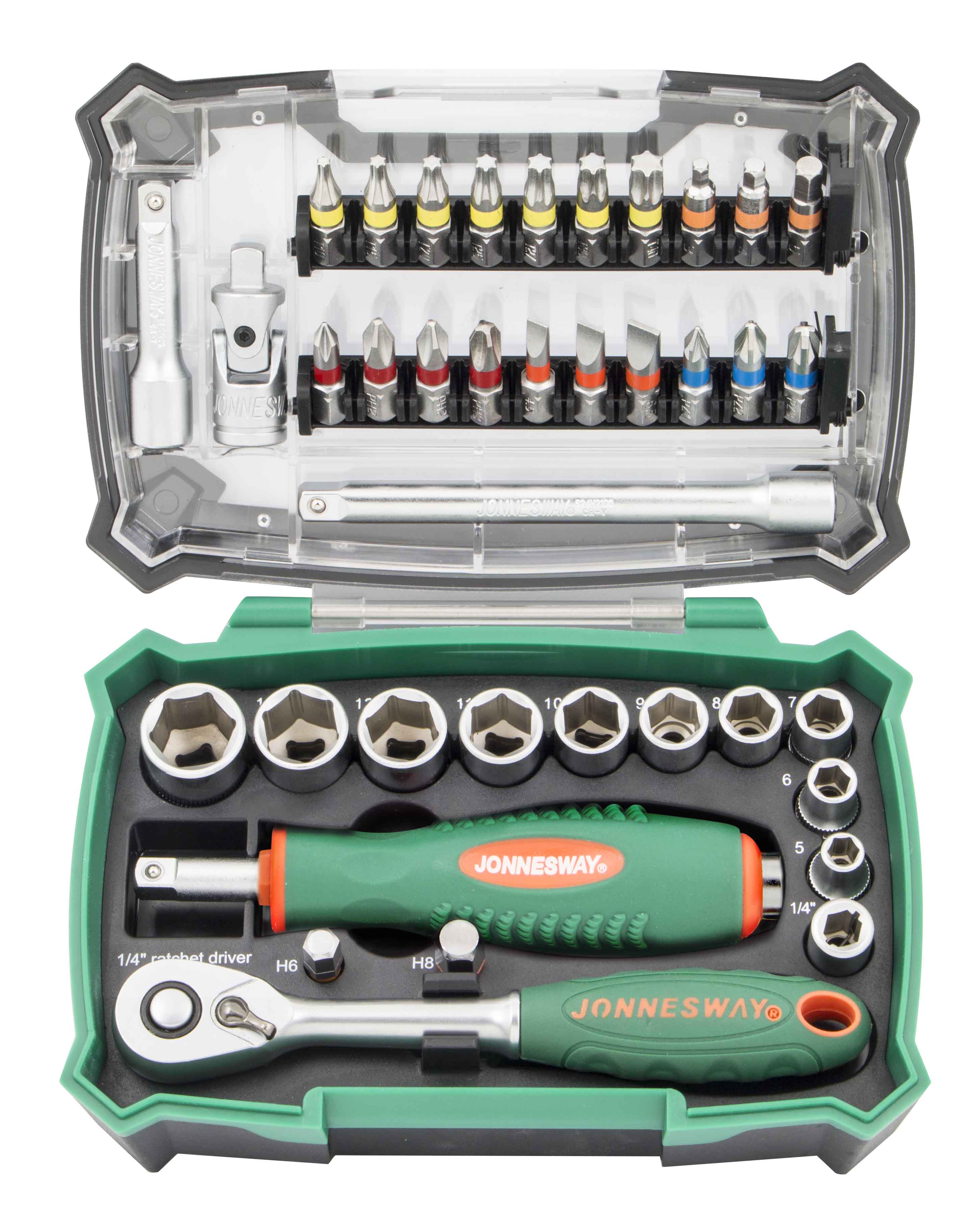 Jogo bits, punho e roquete de 1/4" (cores)