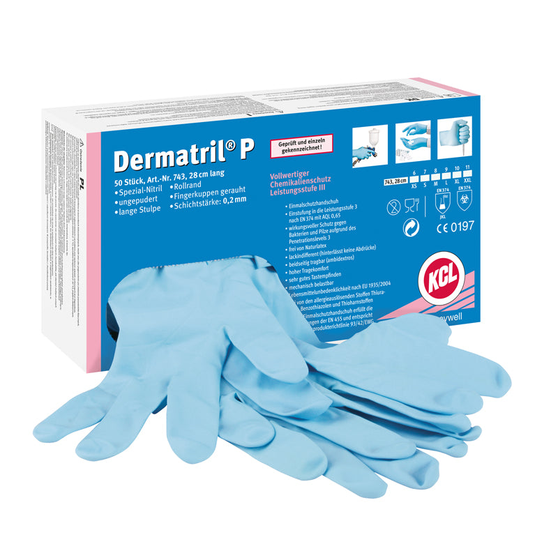 DERMATRIL, Luvas de Nitrilo 29cm EN388 EN374-JKLOPT Azul (50 Unidades)