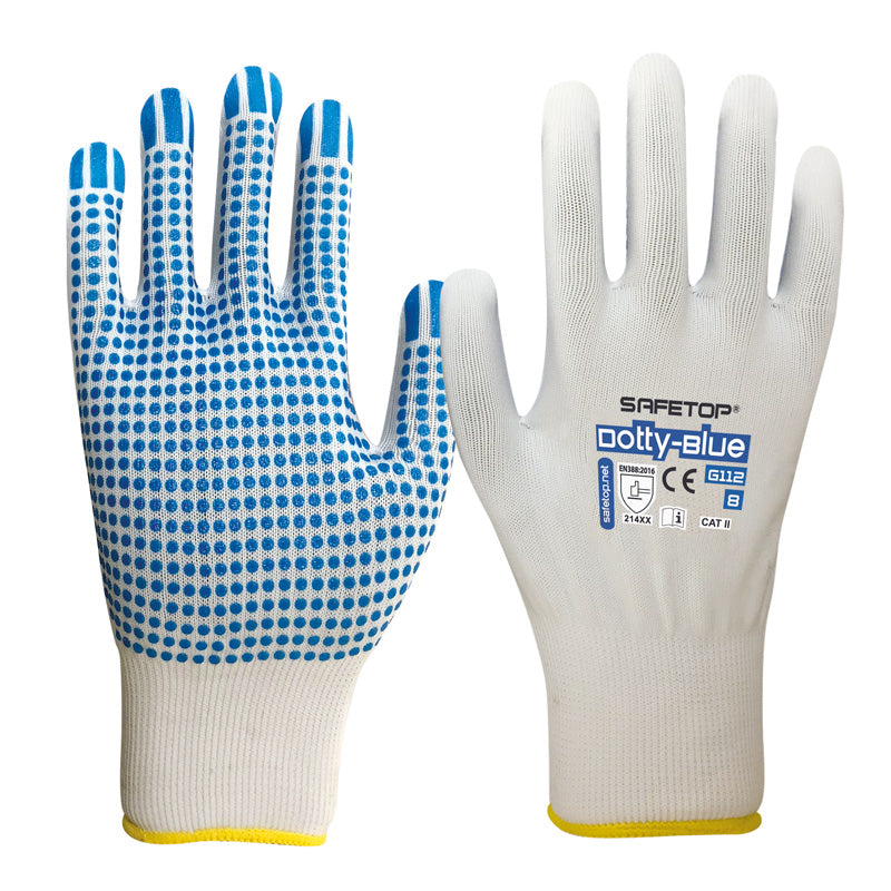 Luva de nylon com ponta de PVC 13G, Dotty-Blue (12 pares)