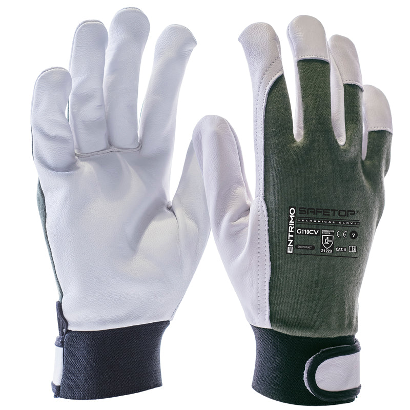 ENTRIMO, Luva verde de couro e algodão com fecho de velcro (12 Pares)