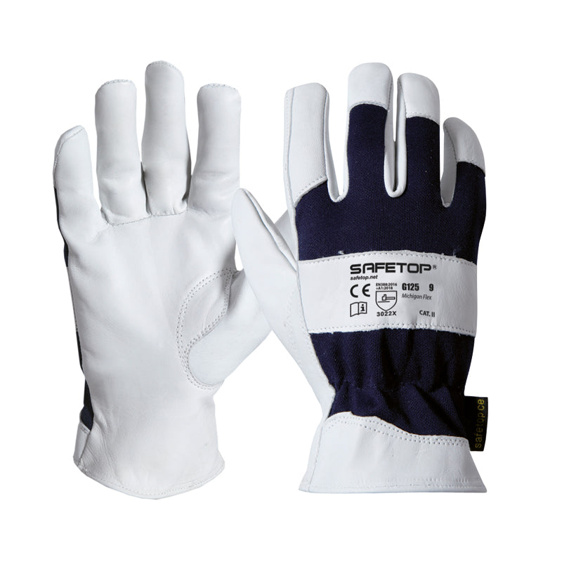 Luva MICHIGAN FLEX, luva de poliéster e pele de cabra (12 pares)