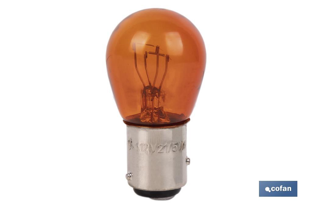Lâmpada de 2 pólos de 12 V | Pino desencontrado | Base tipo BAZ15 | Lâmpada P21/5W | Cor âmbar ou laranja