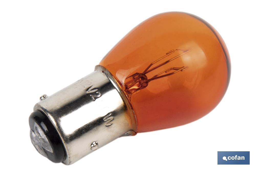 Lâmpada de 2 pólos de 12 V | Pino desencontrado | Base tipo BAZ15 | Lâmpada P21/5W | Cor âmbar ou laranja
