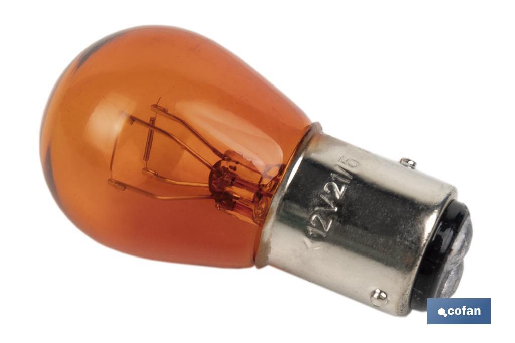 Lâmpada de 2 pólos de 12 V | Pino desencontrado | Base tipo BAZ15 | Lâmpada P21/5W | Cor âmbar ou laranja