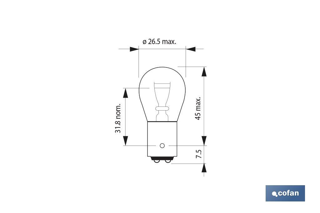 Lâmpada de 2 pólos de 12 V | Pino desencontrado | Base tipo BAZ15 | Lâmpada P21/5W | Cor âmbar ou laranja