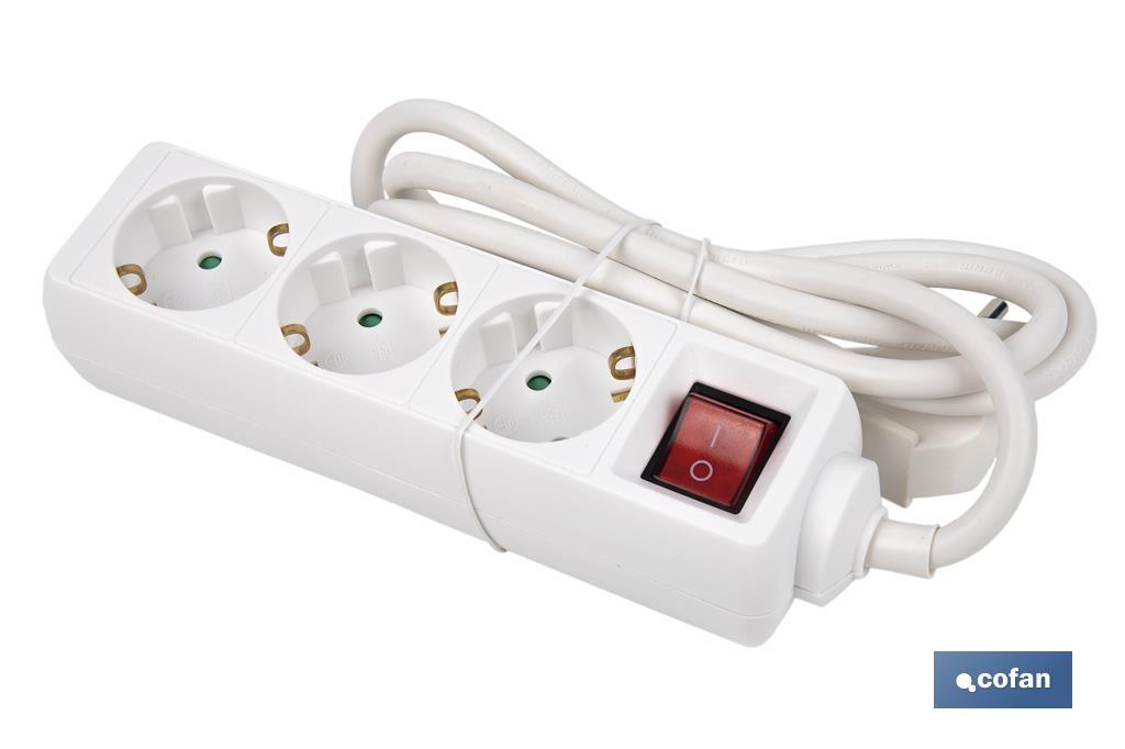 Base múltipla bipolar de 3 tomadas para fichas | Cabo de 1,4 m | Interruptor de ON/OFF