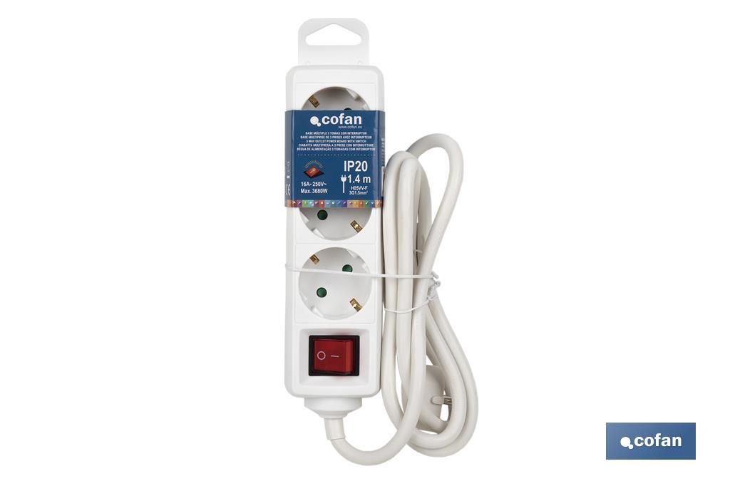 Base múltipla bipolar de 3 tomadas para fichas | Cabo de 1,4 m | Interruptor de ON/OFF
