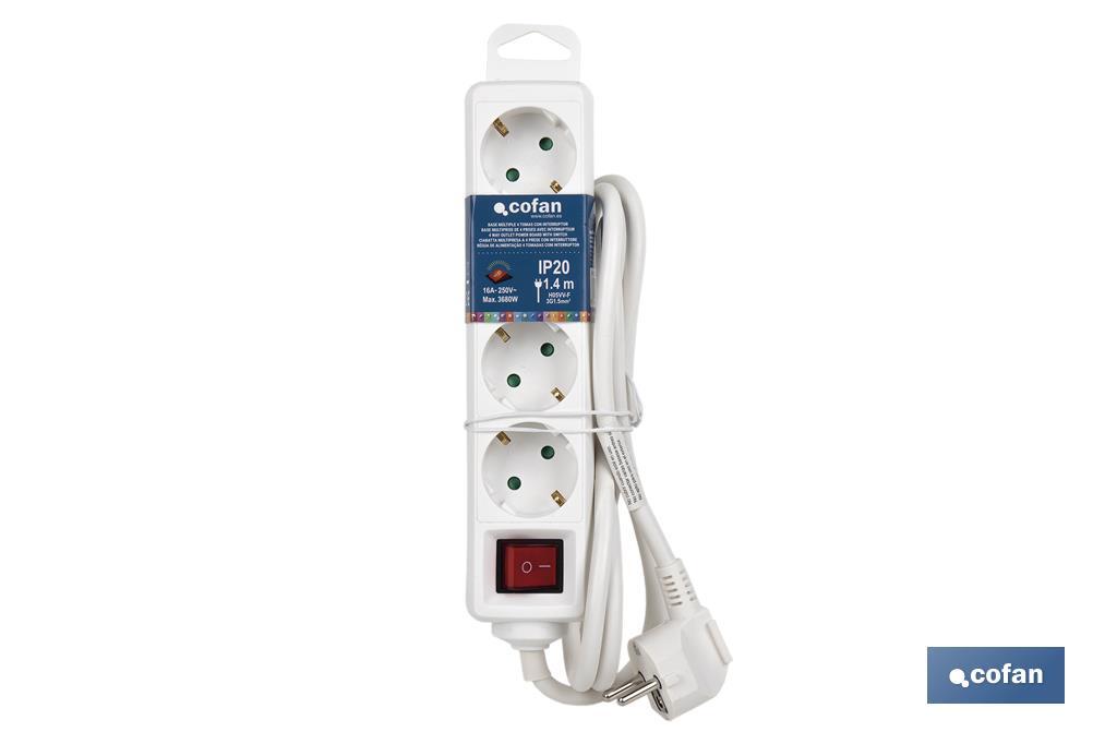 Base múltipla bipolar de 4 tomadas para fichas | Cabo de 1,4 m | Interruptor de ON/OFF
