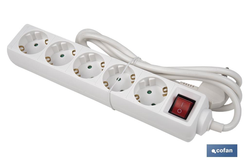 Base múltipla bipolar de 5 tomadas para fichas | Cabo de 1,4 m | Interruptor de ON/OFF