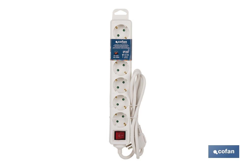 Base múltipla bipolar de 6 tomadas para fichas | Cabo de 1,4 m | Interruptor de ON/OFF